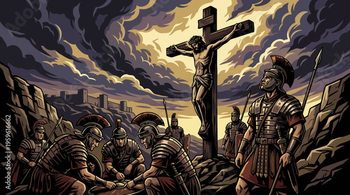 Jesus Christ Crucifixion Scene with Roman Soldiers.