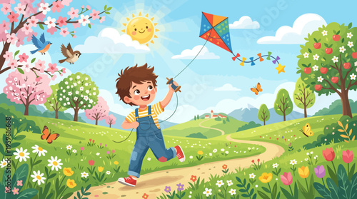 Happy Boy Flying Kite in Sunny Spring Meadow.
