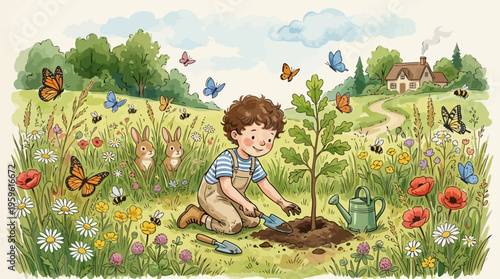 Young Boy Planting a Tree Seedling in a Lush Green Garden.