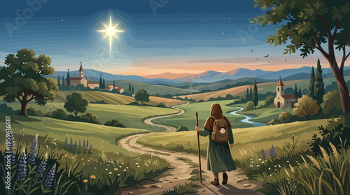 Pilgrim on a winding path at dawn, following a guiding star, journeying through a peaceful landscape.
