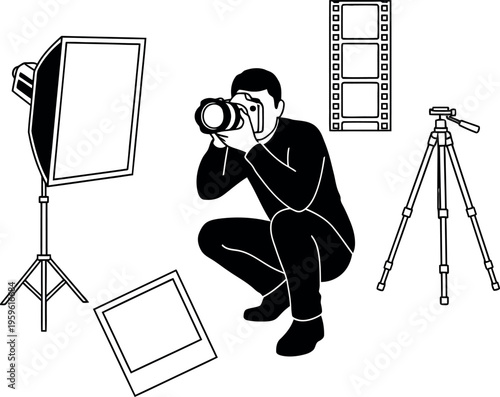 Photographer, photography equipment, studio setup, vector icons