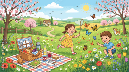 Children playing with butterflies in a vibrant spring meadow with a picnic.