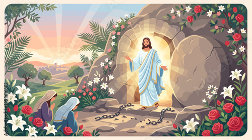 Jesus Christ Resurrected from Tomb on Easter Morning.
