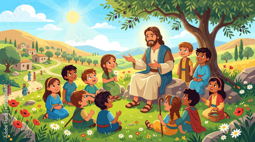Jesus Christ teaching a group of diverse children outdoors on a sunny day.