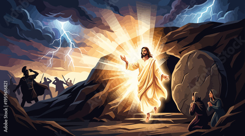 Jesus Christ Resurrected from Tomb with Divine Light.