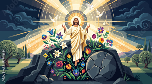 Jesus Christ Resurrected with Glorious Light and Floral Adornments.
