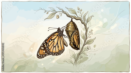 Monarch Butterfly Emerging From Chrysalis on Branch.