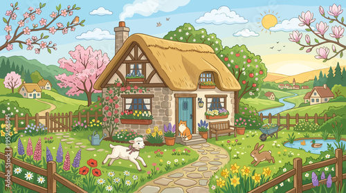 Charming Idyllic English Countryside Cottage with Thatched Roof and Garden.