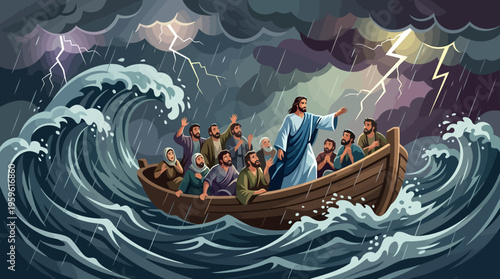 Jesus Calming the Storm on the Sea of Galilee with Disciples in a Boat.