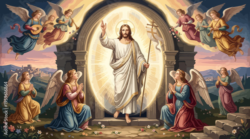 Jesus Christ Resurrection with Angels and Heavenly Light.