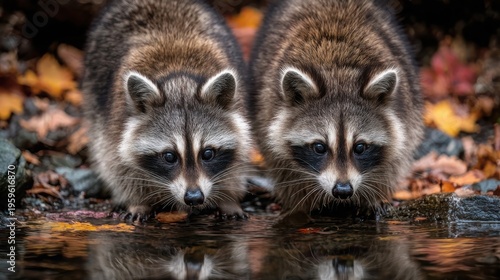 Two adorable raccoons foraging for food near water in a natural outdoor setting
