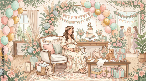 Pregnant woman in an elegant floral dress sitting on a chair at a baby shower.