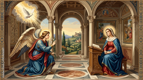 The Annunciation of Mary by the Archangel Gabriel with a Dove.