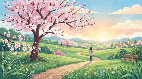 Woman walking on a path in a beautiful spring landscape with cherry blossoms.