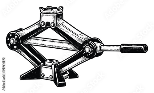 A detailed black and white vintage style illustration of a scissor car jack, an essential automotive tool for lifting vehicles during tire changes and repairs, perfect for mechanic service