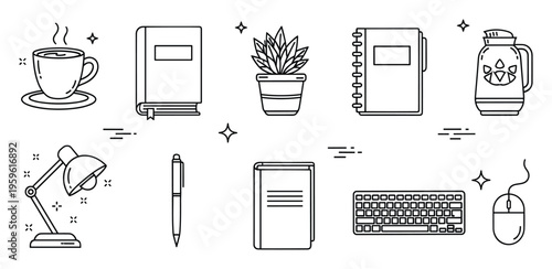 A collection of essential line icons for office and study depicting everyday items for work from home or educational environments, perfect for various digital and print applications