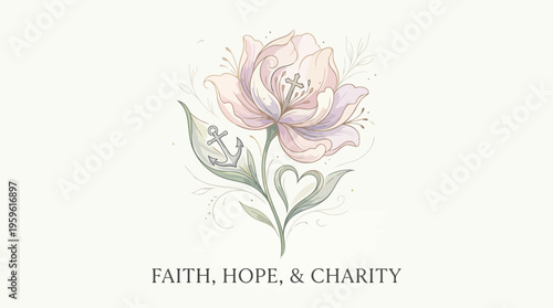 Beautiful Watercolor Flower with Faith Hope Charity Symbols.