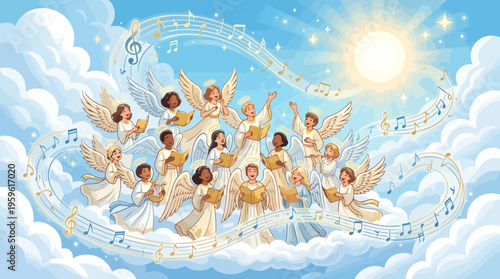 Diverse Group of Angels Singing and Playing Musical Instruments.
