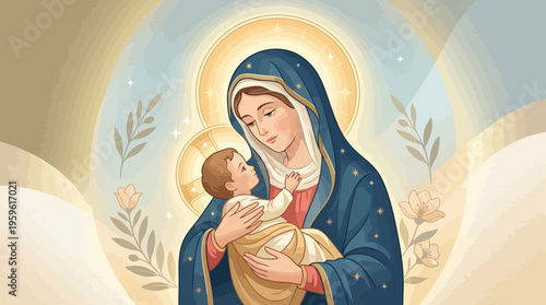 Blessed Virgin Mary holding baby Jesus in a loving embrace.
