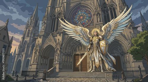 Majestic Golden Angel Statue with Grand Wings and Armor.