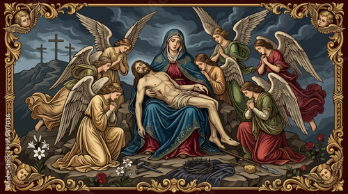 Mary cradles Jesus surrounded by angels in a poignant religious scene.