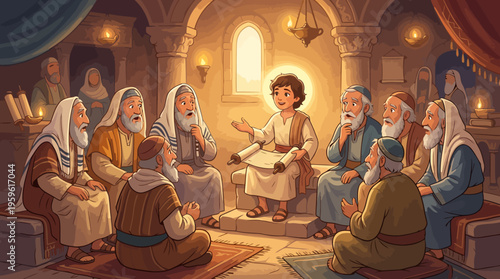 Young Jesus Teaching Elders in the Temple, Biblical Scene.