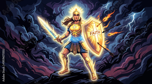 Valiant female warrior in shining armor with sword and shield.