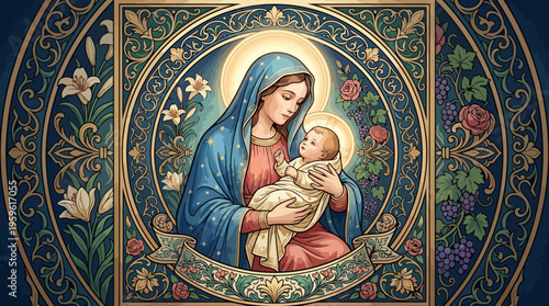 Religious Portrait of Mary and Baby Jesus in Ornate Frame.