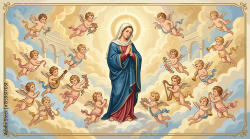 Blessed Virgin Mary Surrounded by Cherubs and Angels in Heavenly Scene.