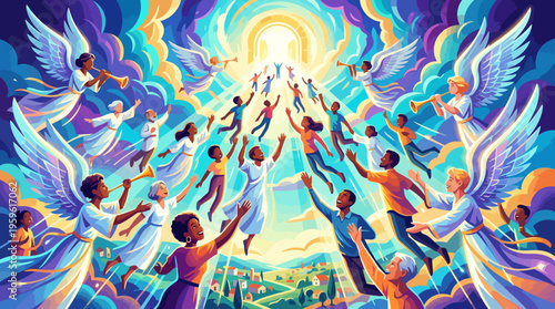 Diverse people ascending to heaven with angels in a vibrant spiritual illustration.