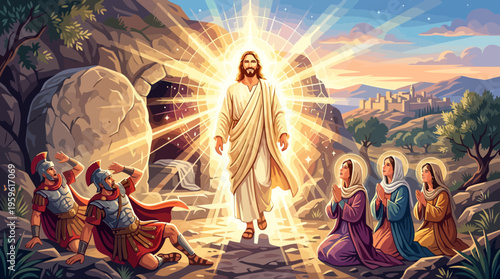 Jesus Christ Resurrected from Tomb with Radiant Light and Disciples.