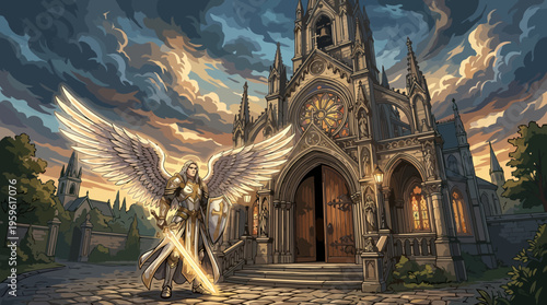 Majestic Angelic Warrior Standing Guard Before an Ornate Cathedral Entrance.