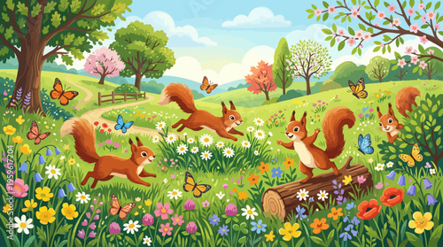 Playful Red Squirrels Frolic in a Vibrant Spring Meadow Landscape.