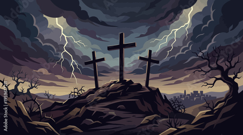 Three Wooden Crosses on a Hilltop Under Stormy Skies.