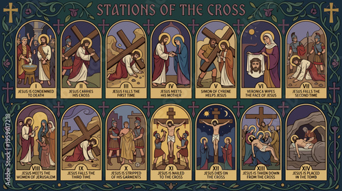 Stations of the Cross Depicting Jesus Christs Final Journey and Sacrifice.