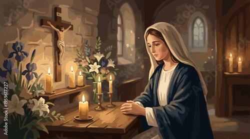 Religious Woman Praying with Devotion and Reverence.