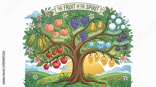 The Fruit of the Spirit Tree with Various Fruits and Virtues.