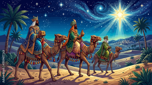 Three Wise Men on Camels Following Star to Bethlehem.