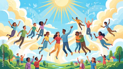 Diverse group of people floating happily towards a radiant sun in a blue sky.