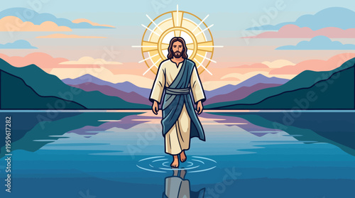 Jesus Christ Walking on Water with Radiant Halo and Reflection.