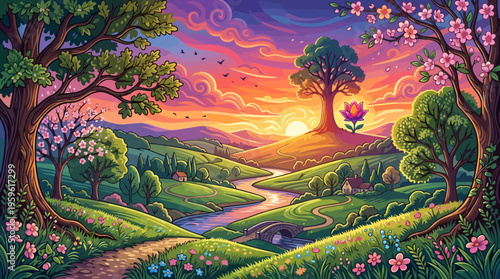 Vibrant Enchanted Forest Landscape with Sunset and Winding River.