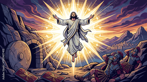 Jesus Christ Resurrected from Tomb with Brilliant Light and Guards.
