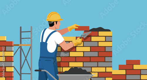 Construction worker building a brick wall in this vector illustration, professional builder with tools and materials