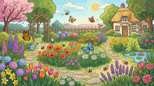 Vibrant Cottage Garden with Blooming Flowers and Flying Butterflies.