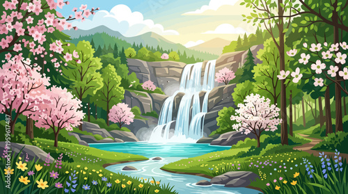 Beautiful cascading waterfall in a vibrant natural spring landscape.