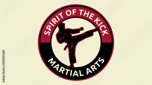 Dynamic martial arts emblem showcasing a high-kick silhouette, symbolizing spirit, discipline, and power in combat sports training for academies and clubs