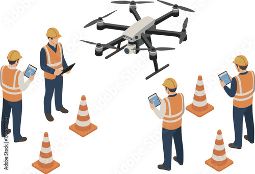 Drone operation training, engineers controlling UAV with tablets, aerial inspection technology, construction site monitoring, modern industry innovation illustration concept design