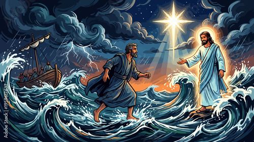 Jesus Christ and Peter Walking on Water During a Storm.