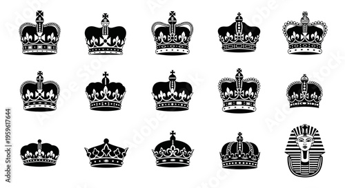 Black and White Crown Vector Set – Royal Crown Icon Collection