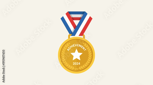Distinctive Golden Achievement Medal for 2024 with Red White and Blue Striped Ribbon, Symbolizing Success, Victory, and Excellence in Competition or Recognition Events, Flat Graphic Design